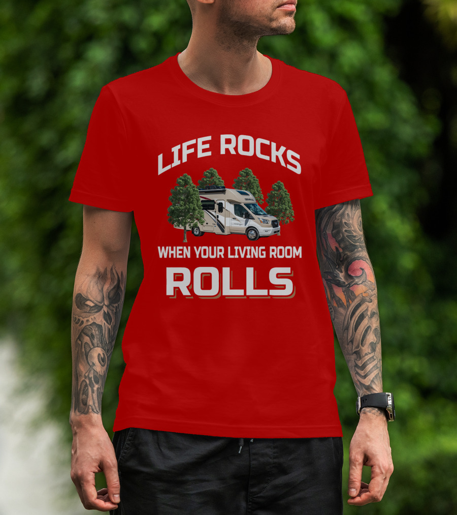 LIFE ROCKS WHEN YOUR LIVING ROOM ROLLS Gemini RV Camper Adventure T-Shirt
