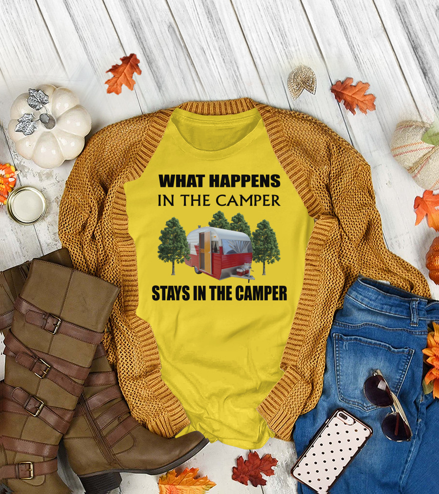What Happens in the Camper Stays in the Camper 1957 Shasta Travel Trailer T-Shirt