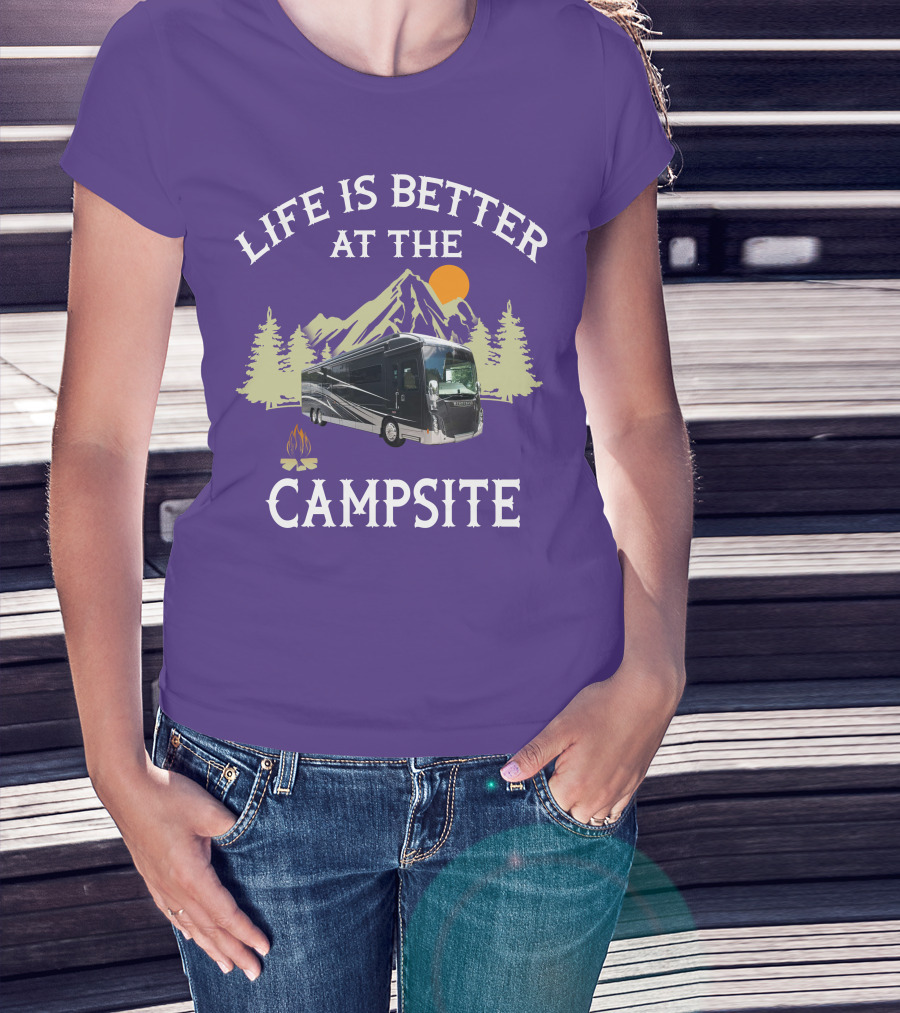 Life Is Better At The Campsite Winnebago 42QL Mountain Sunset Campfire T-Shirt