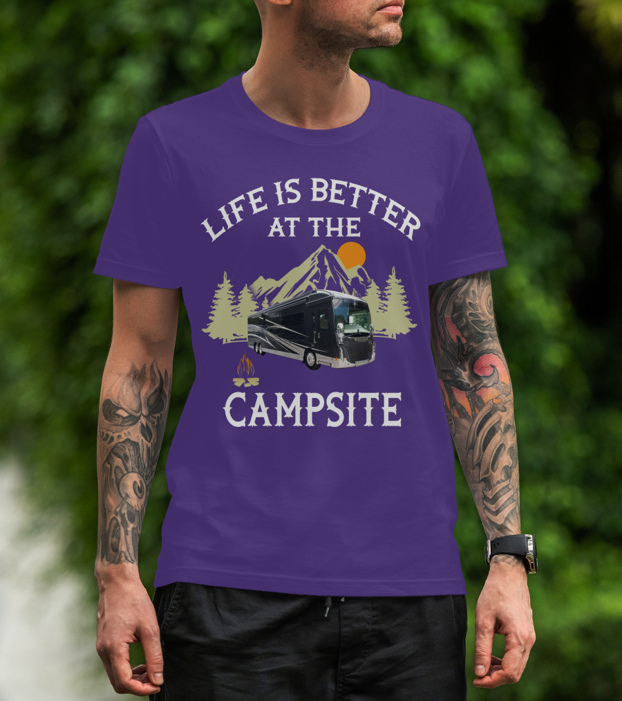 Life Is Better At The Campsite Winnebago 42QL Mountain Sunset Campfire T-Shirt
