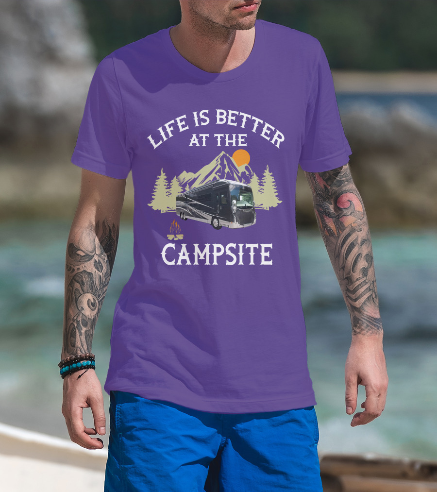 Life Is Better At The Campsite Winnebago 42QL Mountain Sunset Campfire T-Shirt