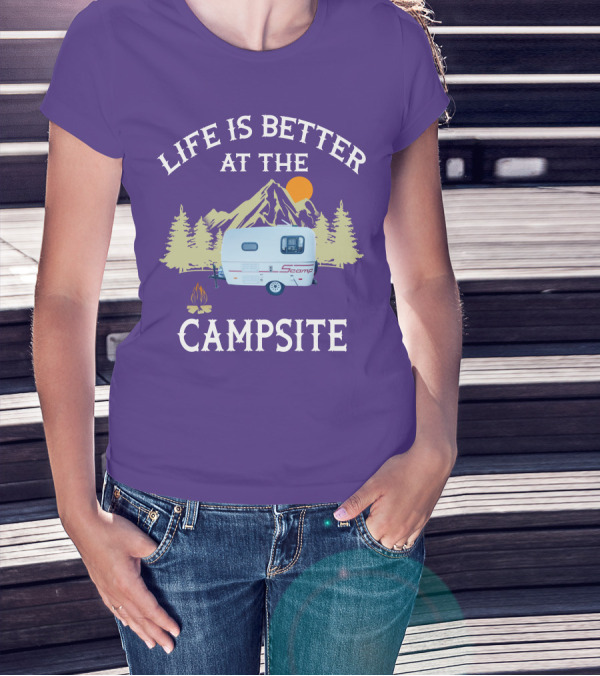 Life Is Better At The Campsite Scamp Small Travel Trailers Mountain Sunset T-Shirt