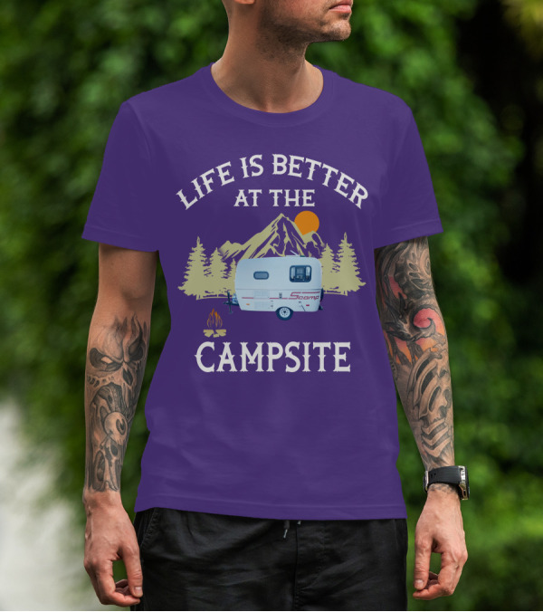 Life Is Better At The Campsite Scamp Small Travel Trailers Mountain Sunset T-Shirt