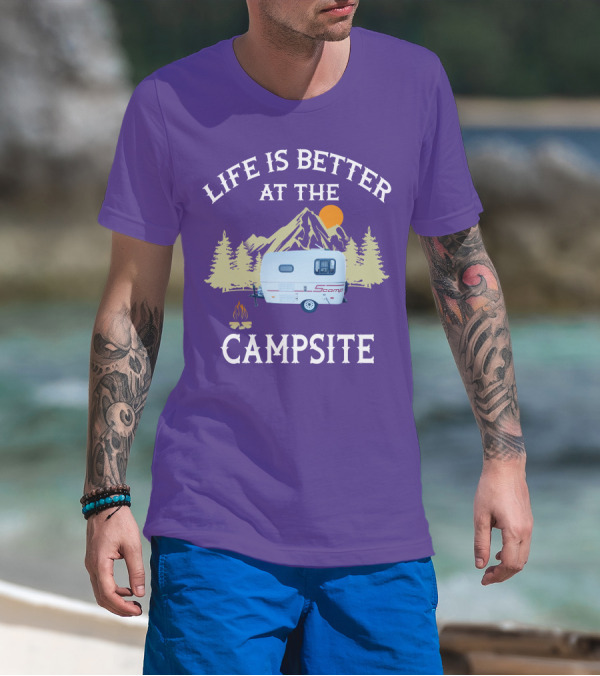 Life Is Better At The Campsite Scamp Small Travel Trailers Mountain Sunset T-Shirt