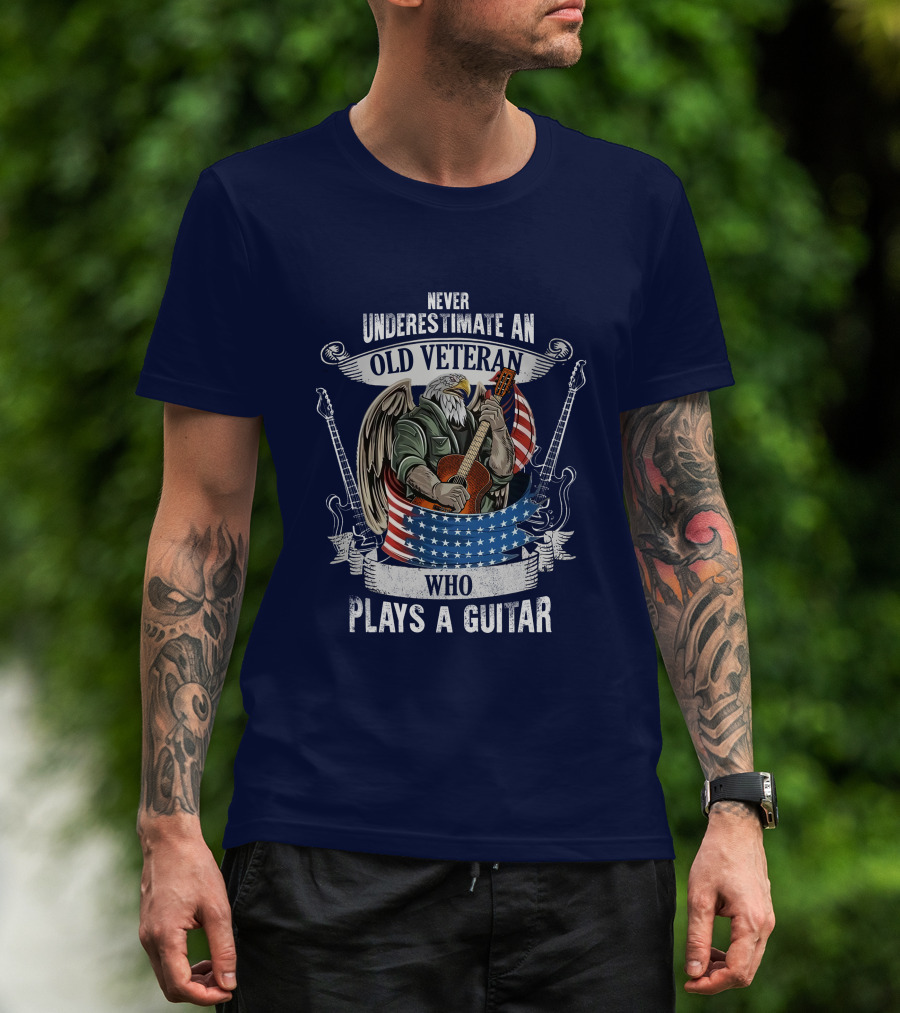 Never Underestimate An Old Veteran Who Plays A Guitar Eagle USA Flag T-Shirt