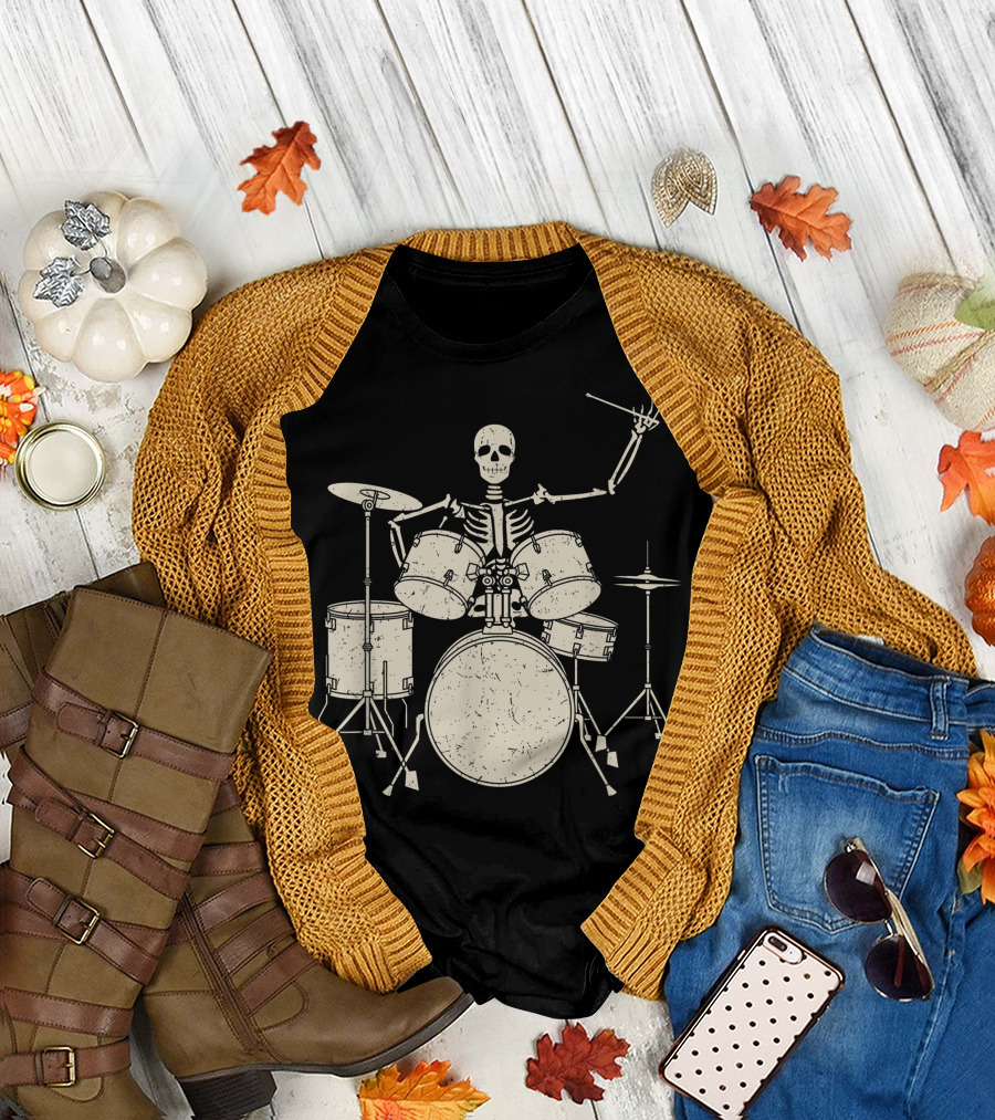 Halloween Skeleton Playing Drums Cute Funny Drummer T-Shirt