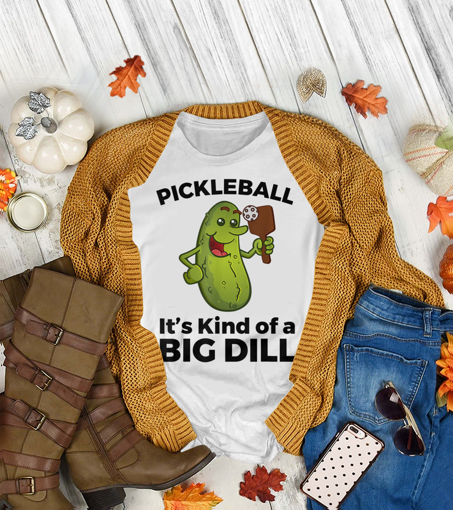 Pickleball It's Kind of a Big Dill Cartoon Pickle with Paddle T-Shirt