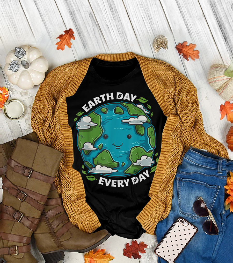 Earth Day Every Day Cute Planet with Smiling Earth and Clouds T-Shirt