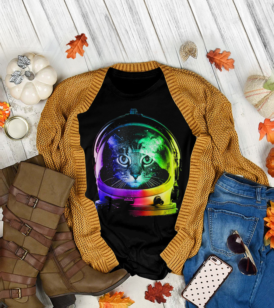 Colorful Cosmic Astronaut Cat Space Adventure T-Shirt