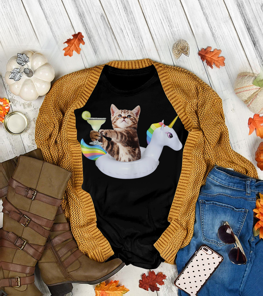 Summer Kitty with Margarita and Unicorn Float Funny Cat T-Shirt