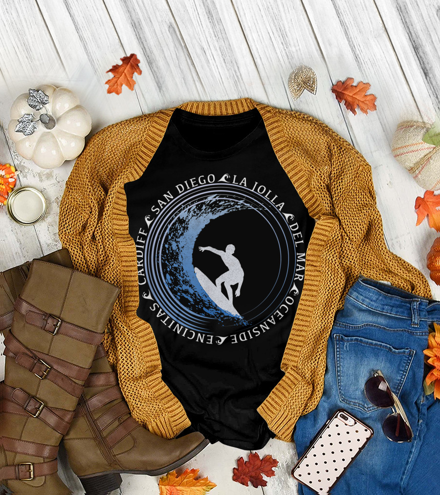 San Diego La Jolla Del Mar Oceanside Cardiff Encinitas Surf Wave T-Shirt
