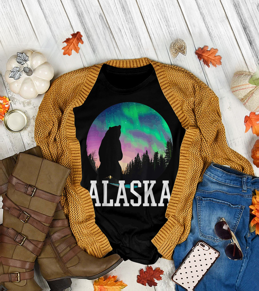 Alaska Northern Lights Bear and Forest Scene T-Shirt