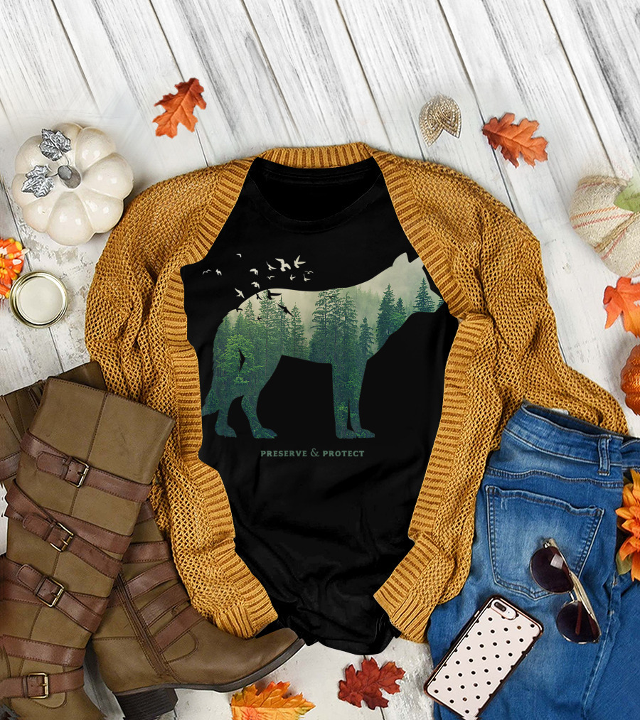 Preserve and Protect Forest Wolf with Birds and Trees T-Shirt
