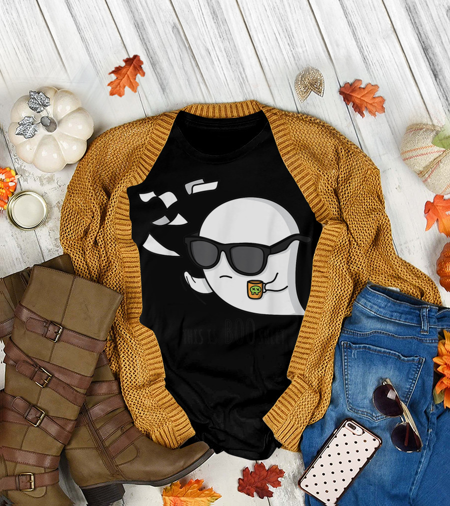 This Is Boo Sheet Ghost Halloween Party Funny Ghost Wearing Sunglasses with Flying Paper T-Shirt
