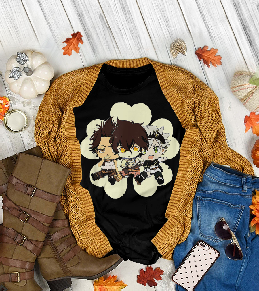 Cute Chibi Clover Anime Trio Characters T-Shirt