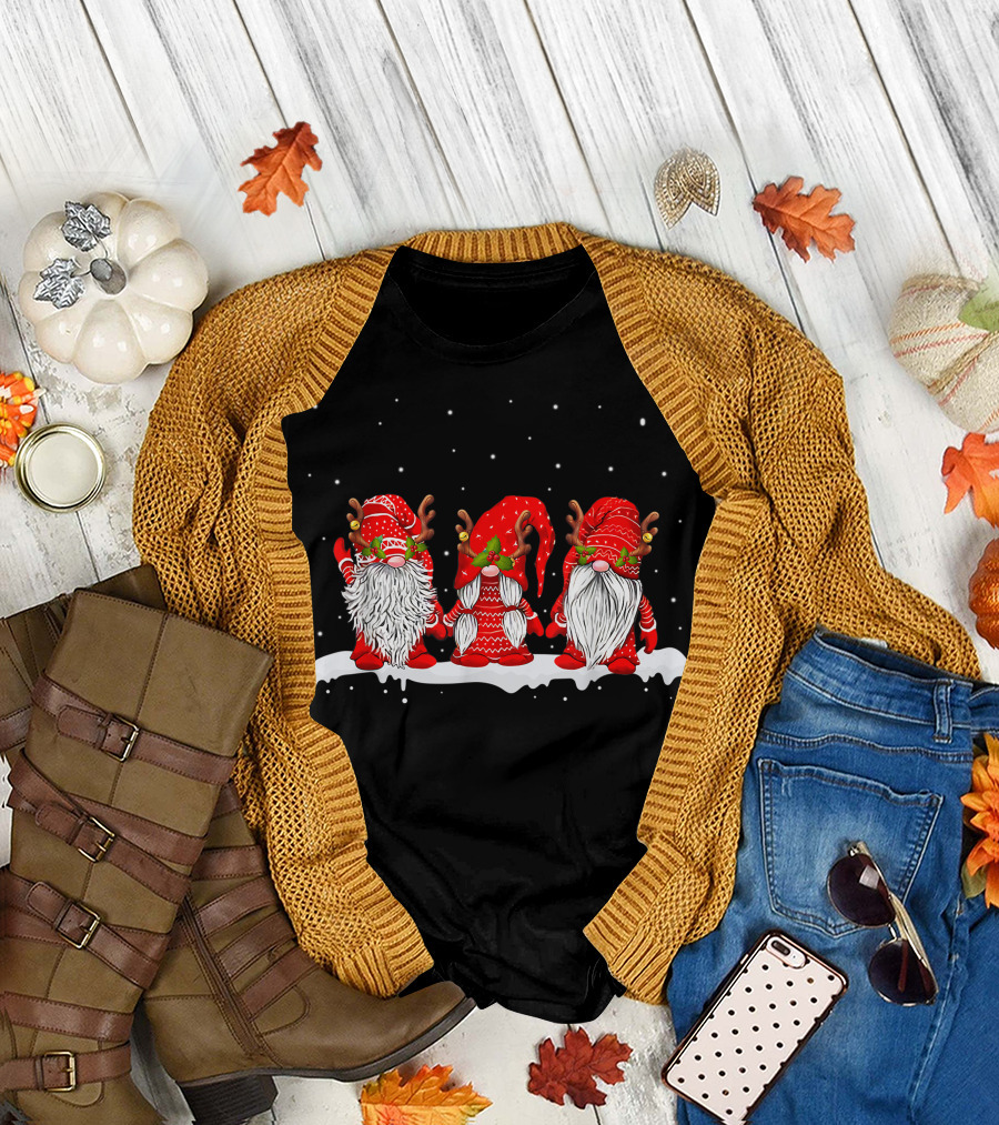 Three Nordic Gnomes Winter Christmas Swedish Elves Reindeer Antlers Snowflakes T-Shirt