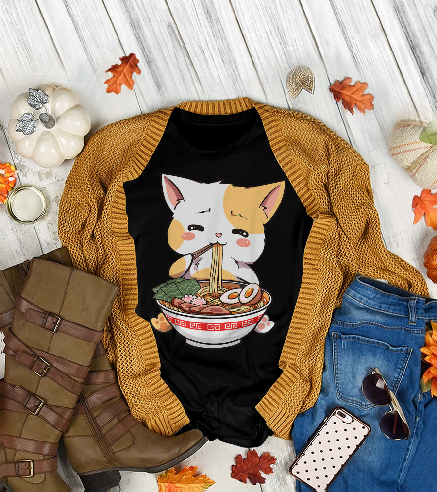 Kawaii Neko Ramen Cute Cat Eating Japanese Noodle Bowl Funny Anime T-Shirt
