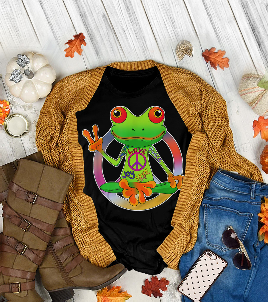 Hippie Frog Peace Sign Love Joy Hope 70s Yoga Frogs Hippies T-Shirt