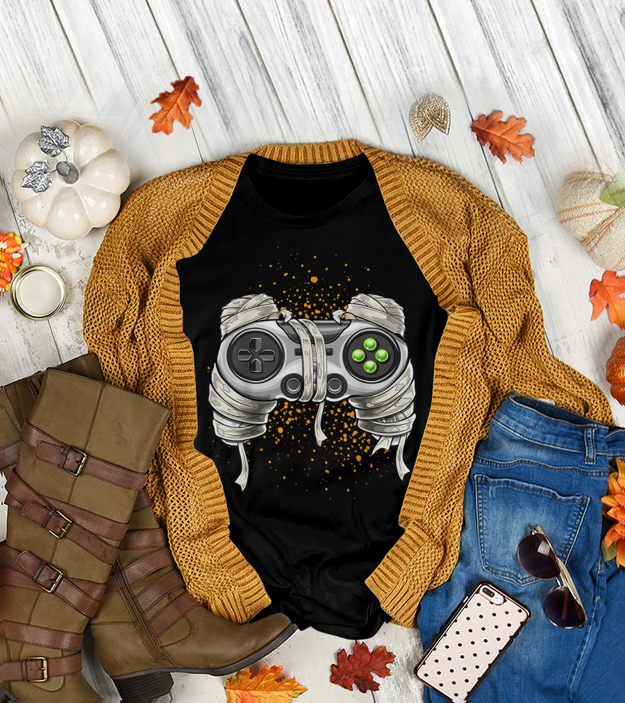 Video Game Controller Wrapped as Halloween Mummy with Bandages and Green Buttons T-Shirt