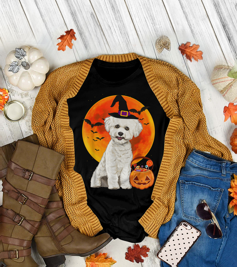 Bichons Frise Dog Witch Hat Jack O Lantern Pumpkin Full Moon Bats Halloween T-Shirt