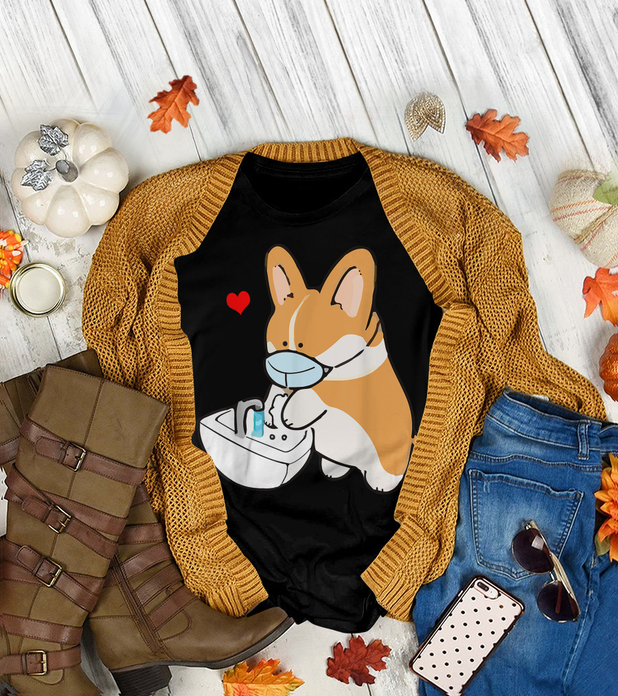 Wholesome Corgi Wearing Mask Washing Hands with Hand Sanitizer Heart T-Shirt