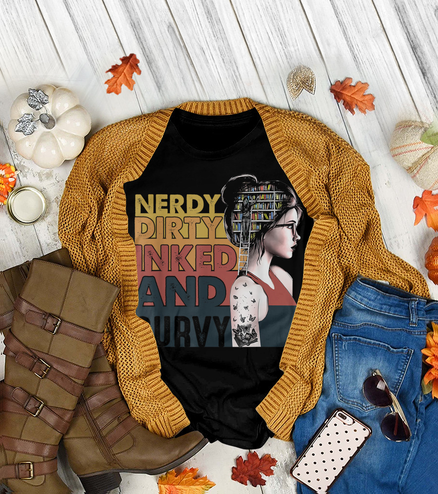 Nerdy Dirty Inked And Curvy Woman with Bookshelf Hair and Tattooed Arm T-Shirt
