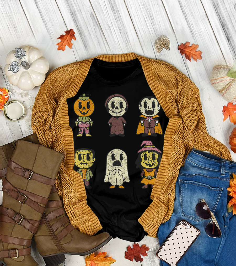 Vintage Halloween Pumpkin Witch Ghost Vampire Frankenstein Cartoon Characters T-Shirt