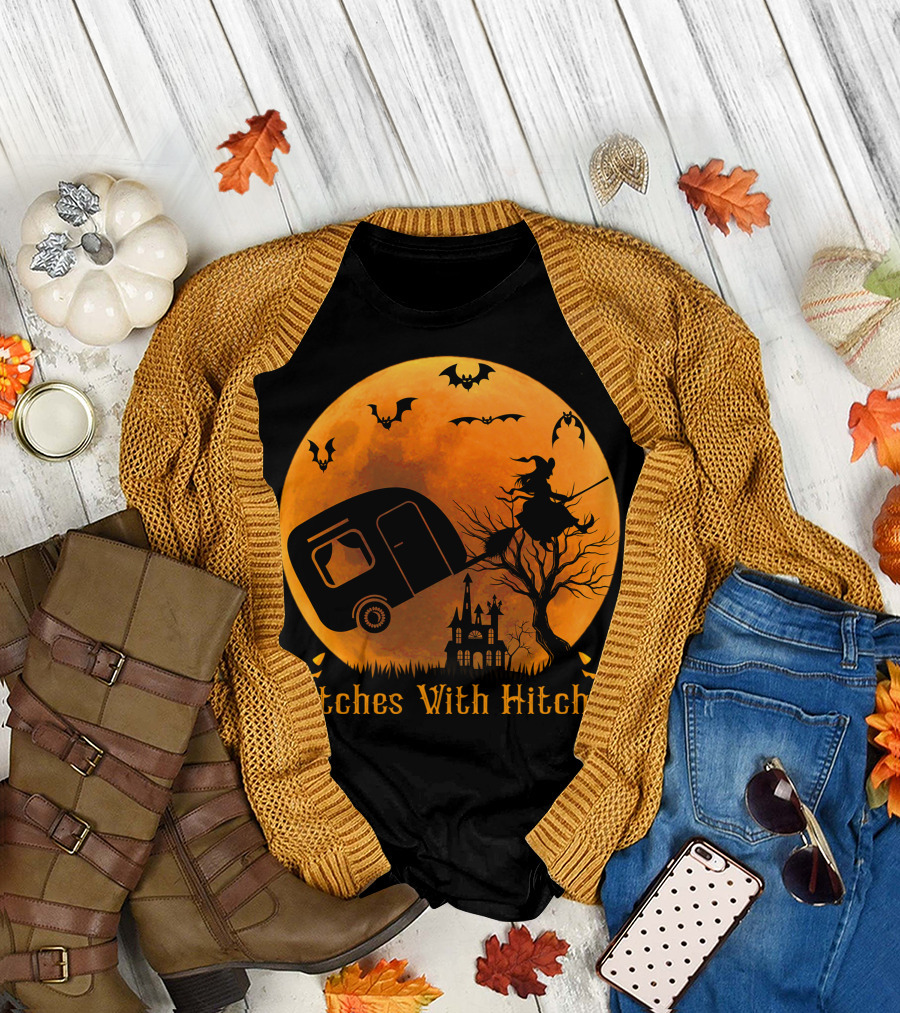 Witches With Hitches Halloween Camper Camping Moon with Bats and Haunted House T-Shirt
