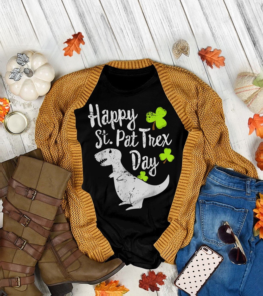 Happy St Pat Trex Day Dinosaur Shamrocks St. Patrick's Pun T-Shirt