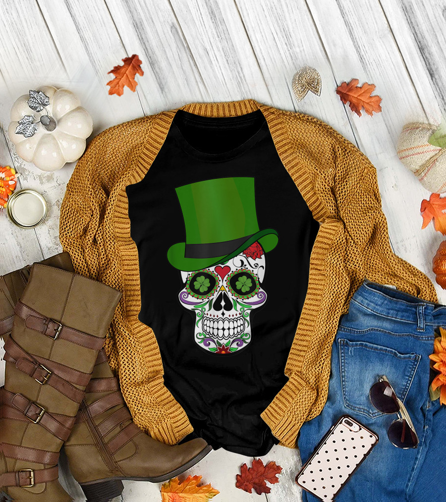 Sugar Skull St. Patrick's Day Saint Patty's Day Clover Top Hat T-Shirt