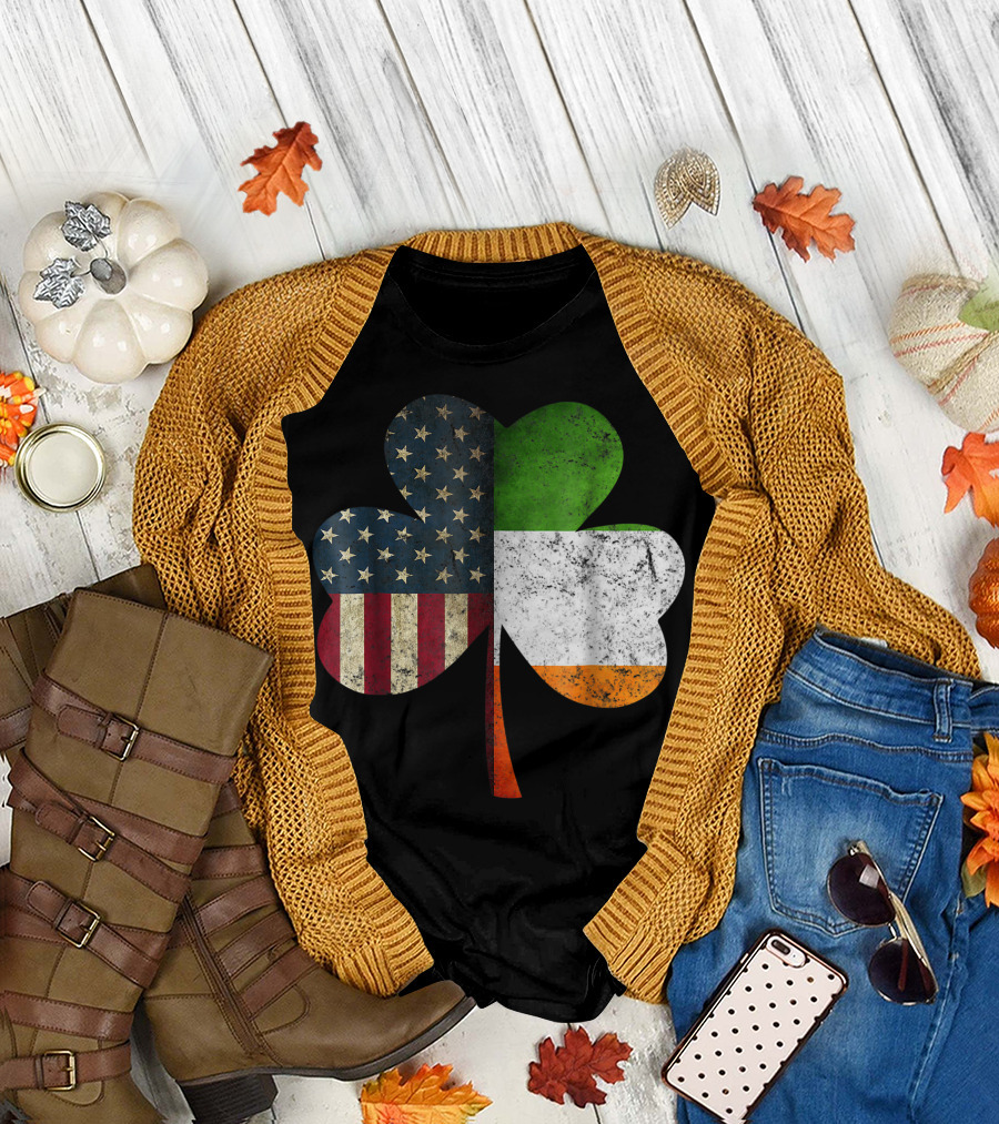 Irish American Flag Shamrock Stars Stripes and Tricolor T-Shirt