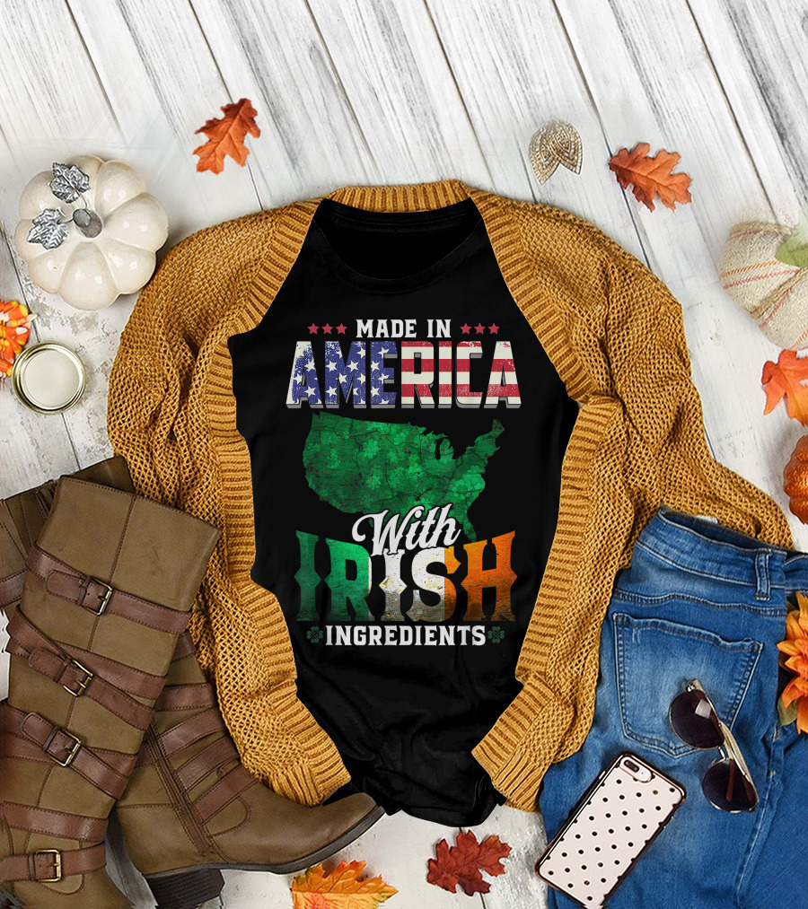 Made In America With Irish Ingredients America Ireland Pride Map Clover T-Shirt