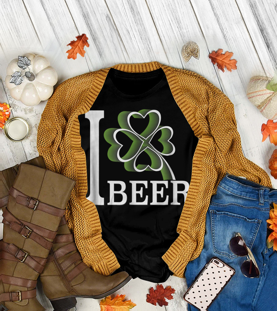 I Love Beer Clover Heart Shamrock Green T-Shirt