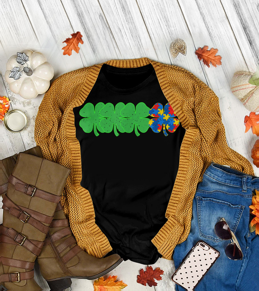 Autism Puzzle Piece Clover Shamrock T-Shirt
