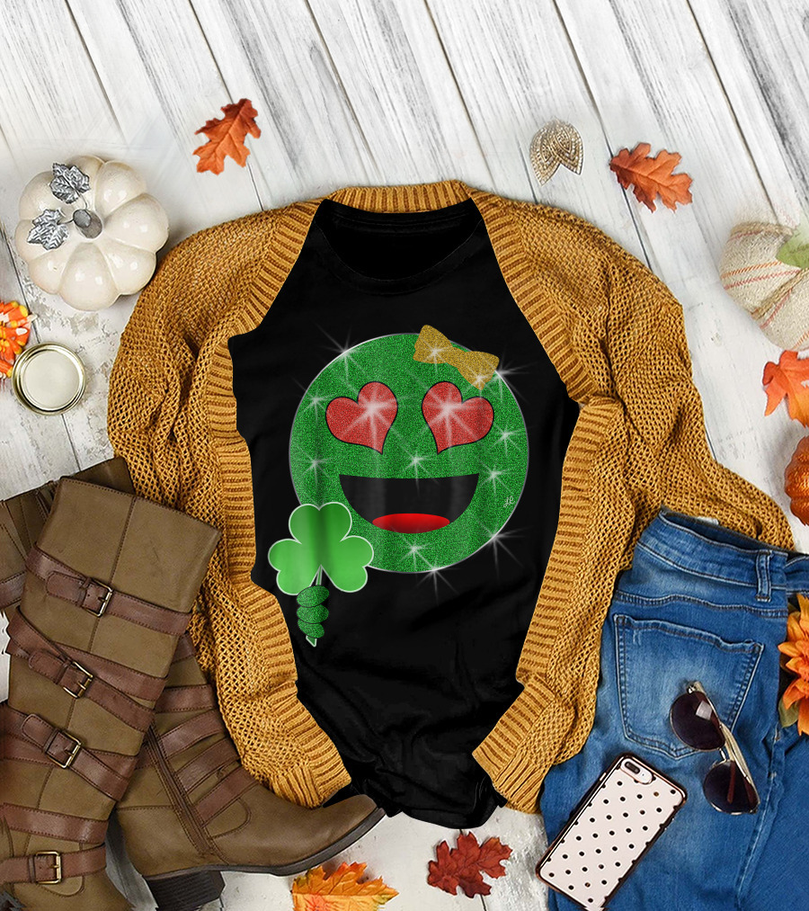 Sparkly Green Heart Eyes Emoji with Clover and Gold Bow for St. Patrick's Day T-Shirt