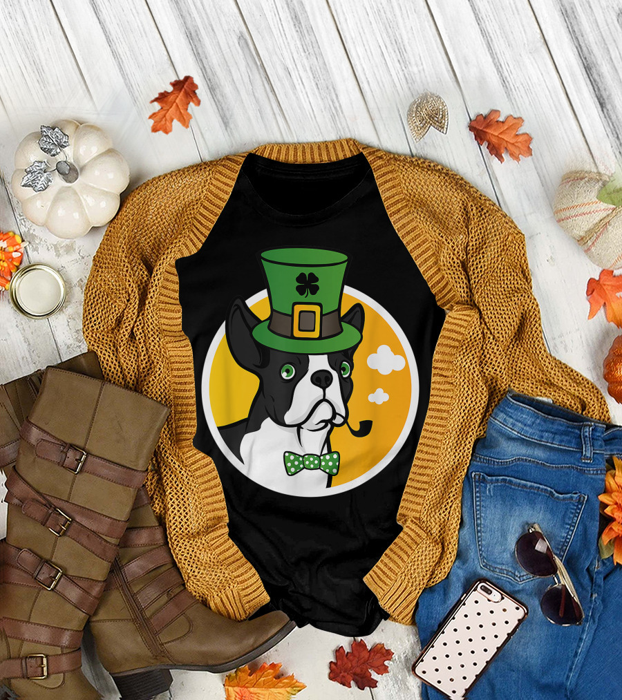 Leprechaun Boston Terrier with St. Patrick's Day Hat and Tie T-Shirt