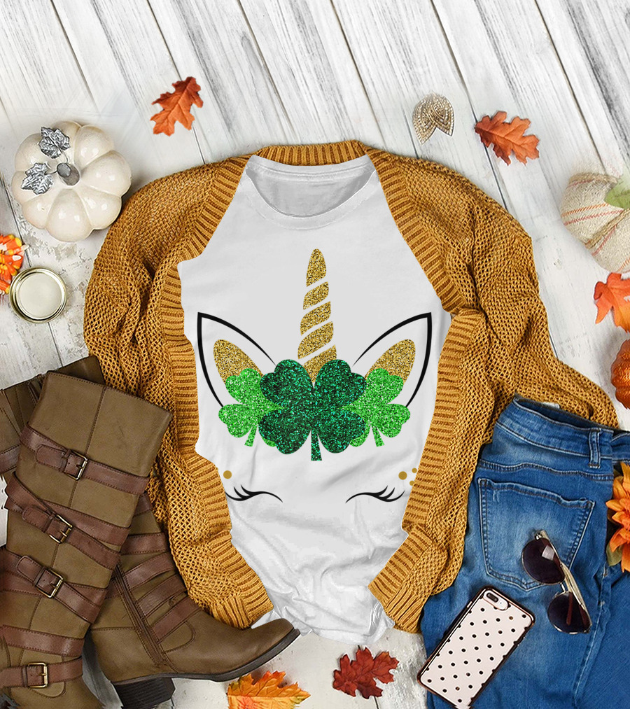 Unicorn Face Glitter Shamrock Clover St. Patrick's Day Girls T-Shirt