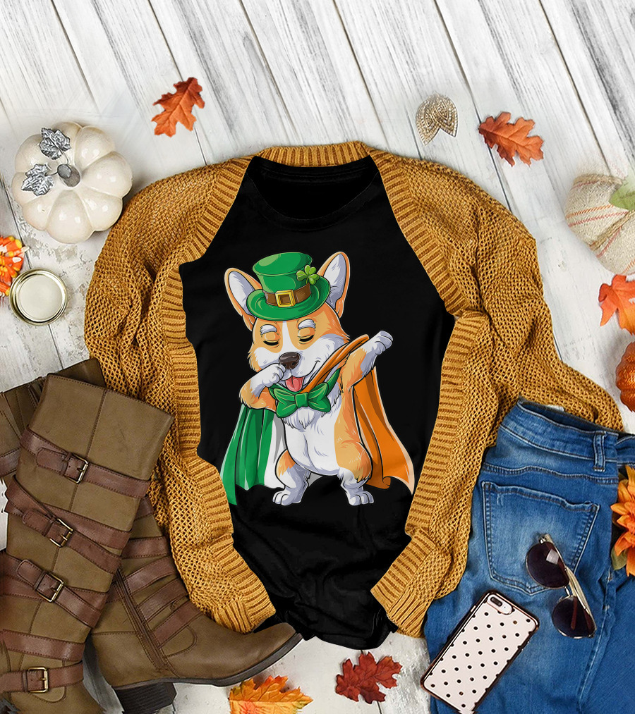 Dabbing Corgi St Patricks Day Leprechaun Dog Irish Flag Hat Bow Tie T-Shirt