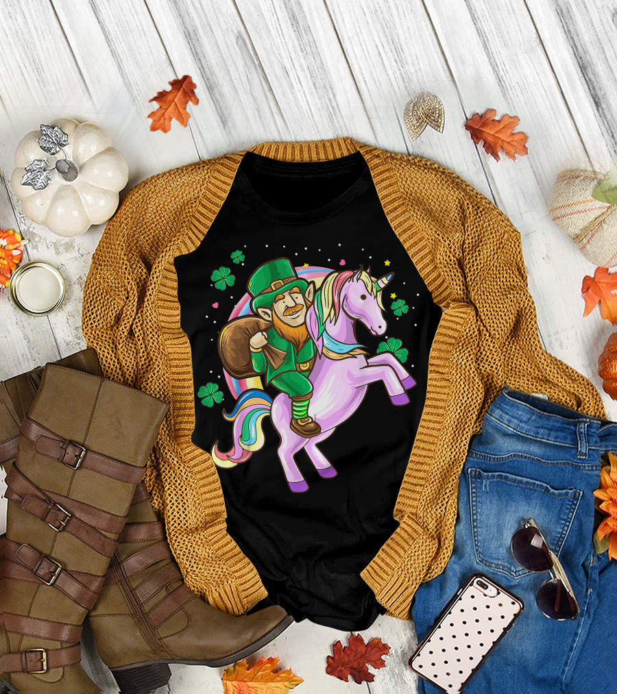 Leprechaun Riding a Unicorn St. Patrick's Day Fun with Shamrocks T-Shirt