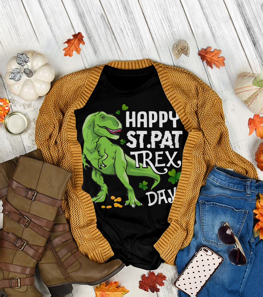 Happy St Pat T-Rex Day Dinosaur with Shamrocks and Coins T-Shirt