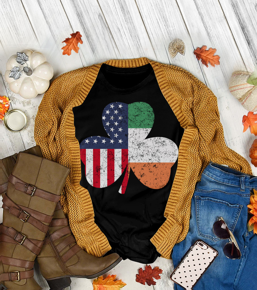 Usa Flag Irish St Patricks Day Shamrock T-Shirt
