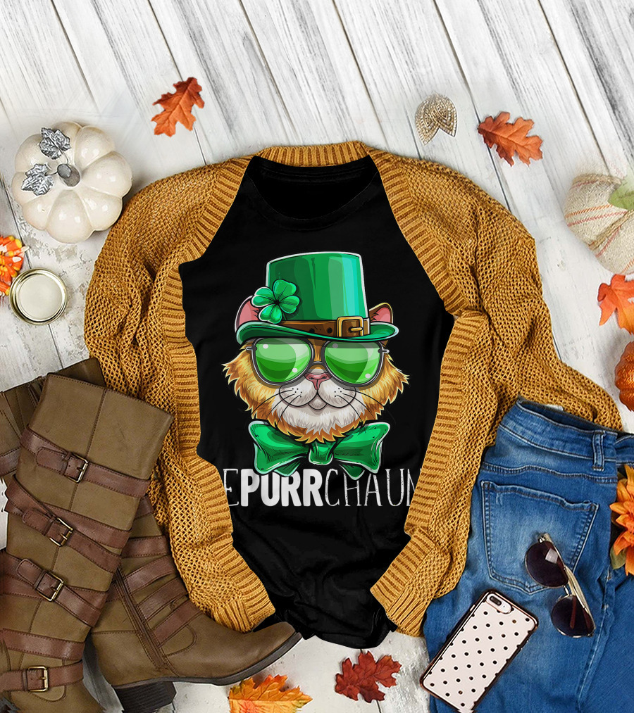 Lepurrchaun Cat St. Patrick's Day Leprechaun Shamrock Hat and Bow Tie T-Shirt