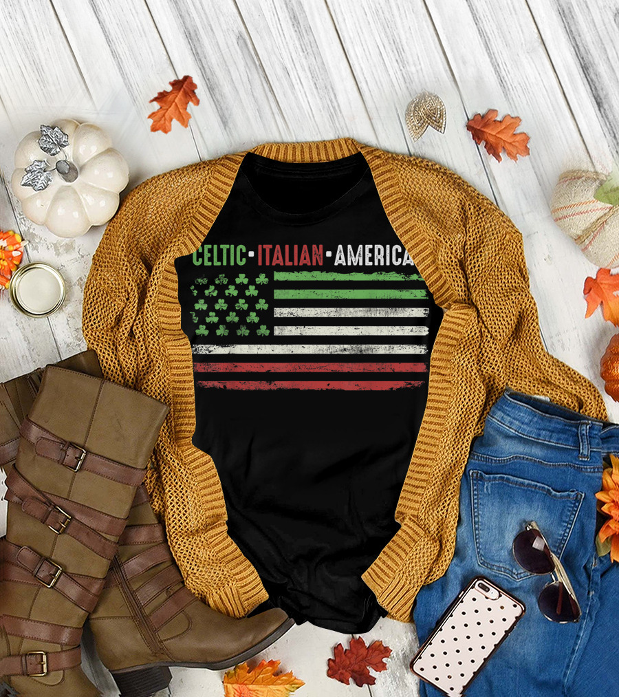 Celtic Italian American St Patricks Day Flag with Shamrock Elements T-Shirt