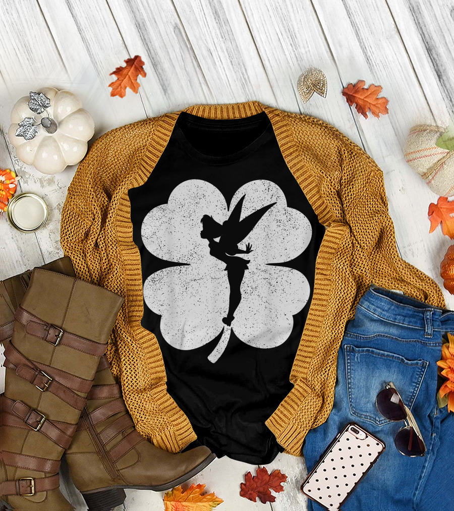 Disney Tinker Bell Silhouette with Shamrock Background T-Shirt