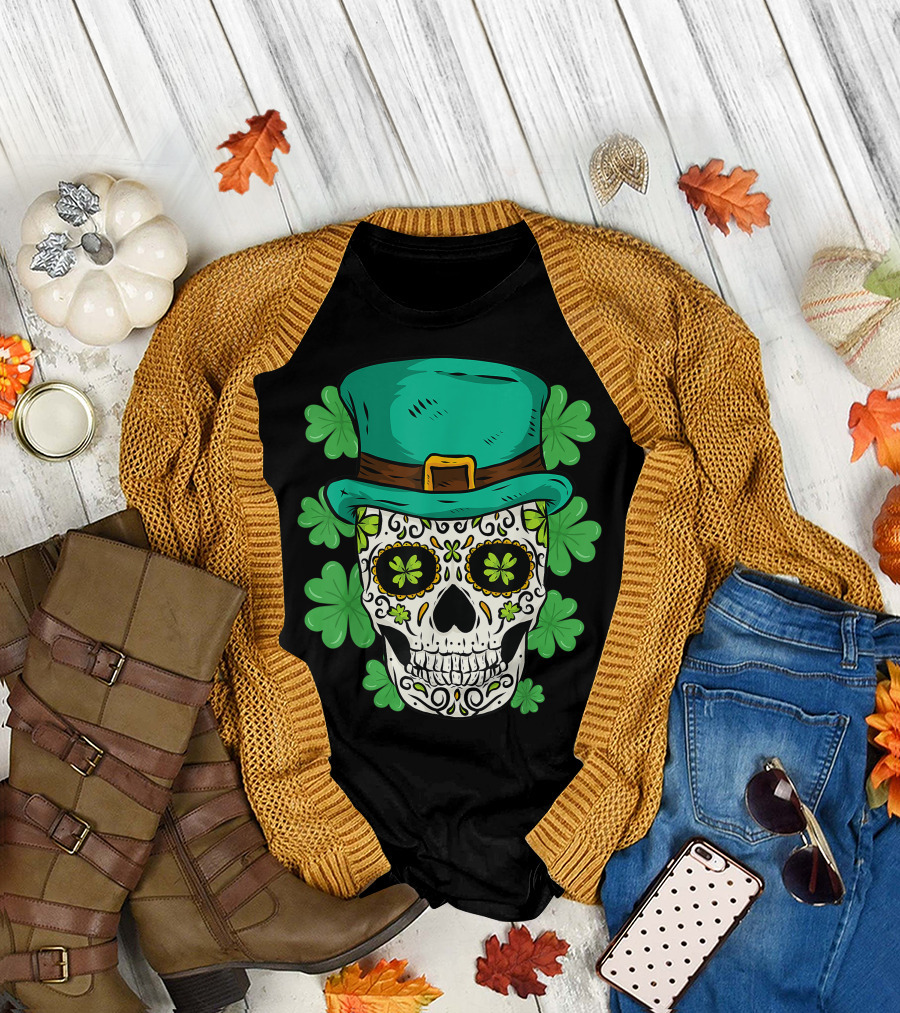 Happy St. Patrick's Day Sugar Skull Shamrock with Green Top Hat and Flourishing Clovers T-Shirt