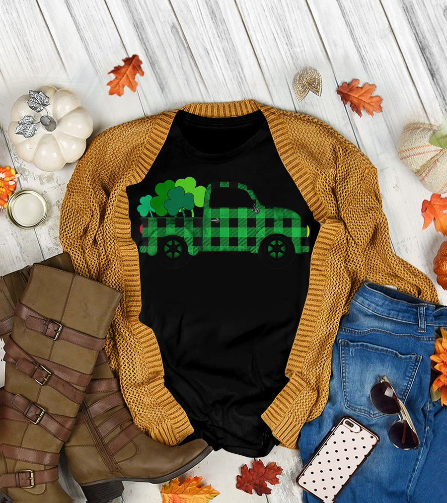 Buffalo Plaid Truck with Green Shamrocks T-Shirt