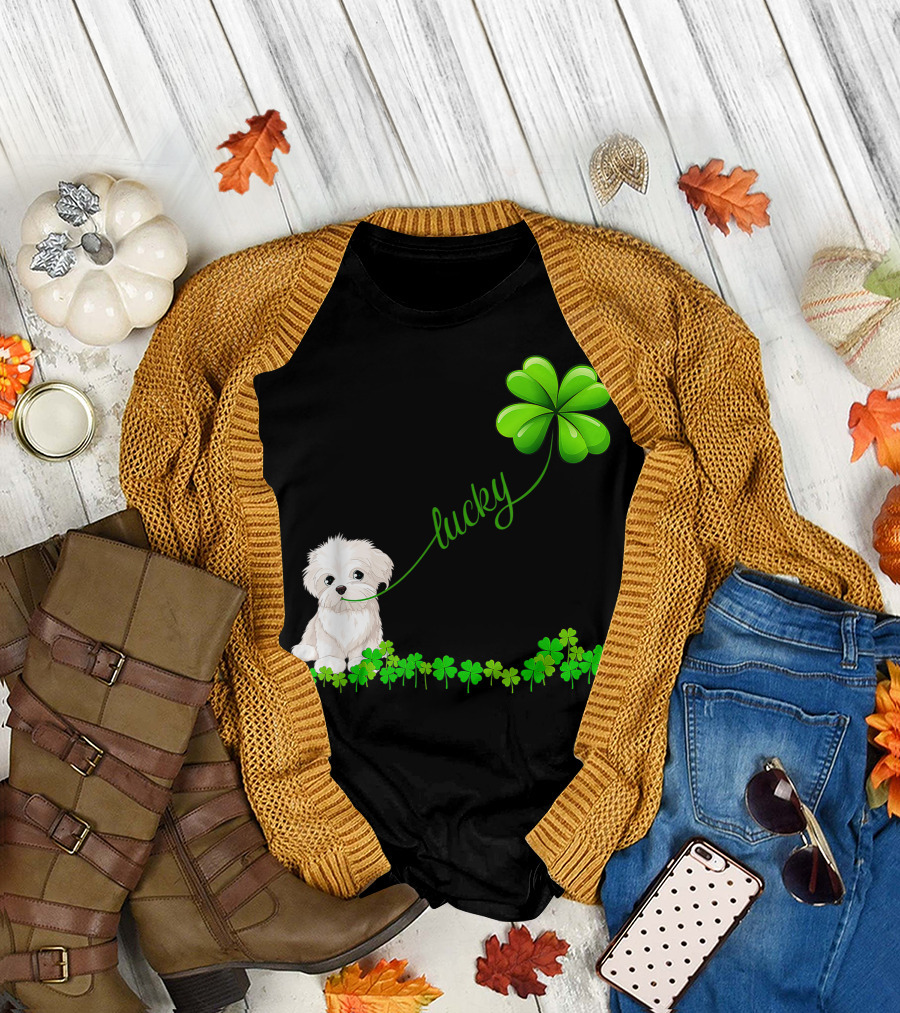 Irish Lucky Maltese Lover Dog with Shamrock and Clover T-Shirt