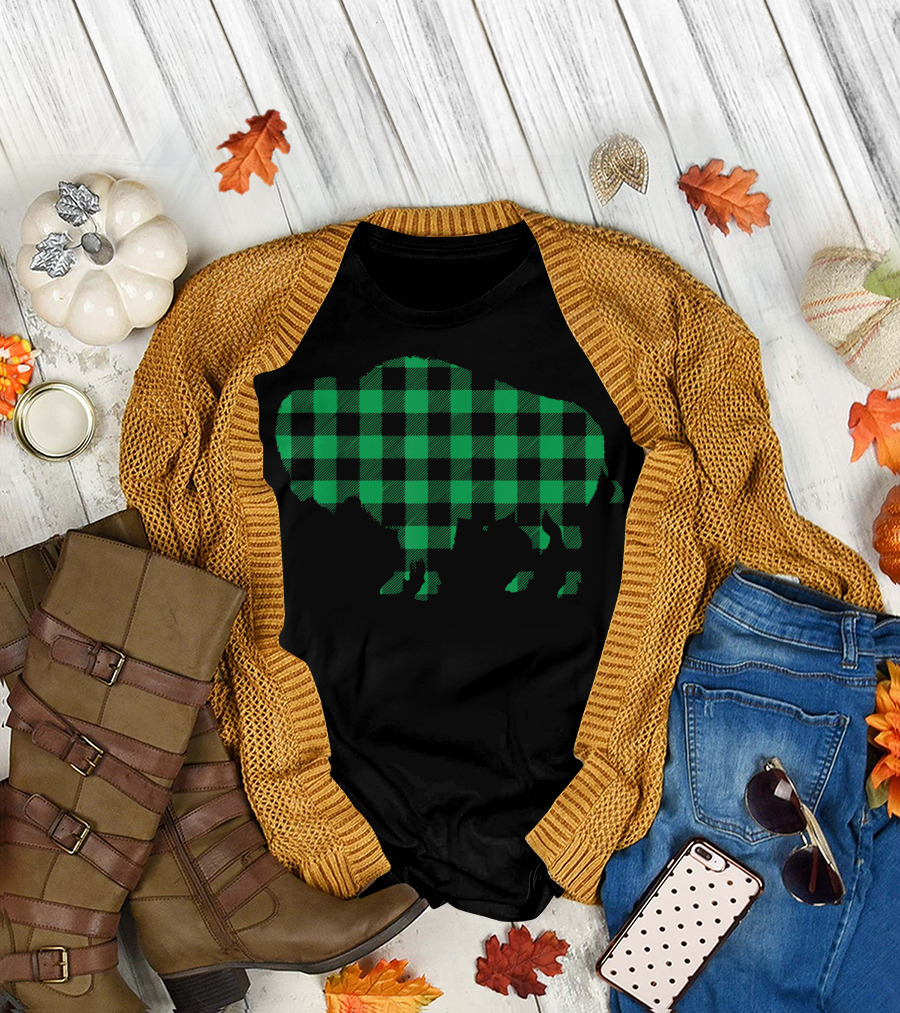 Buffalo Plaid Green Bison Checkered T-Shirt