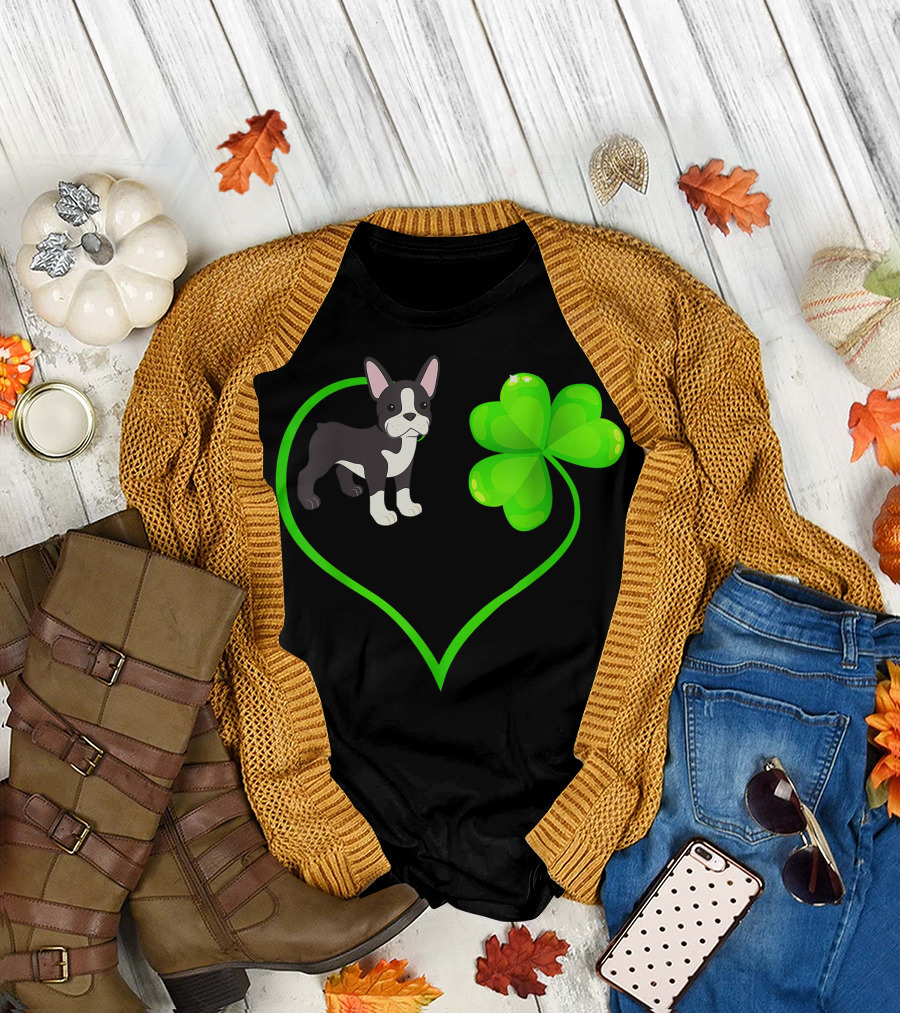 Boston Terrier Dog Shamrock Heart St Patrick's Day T-Shirt