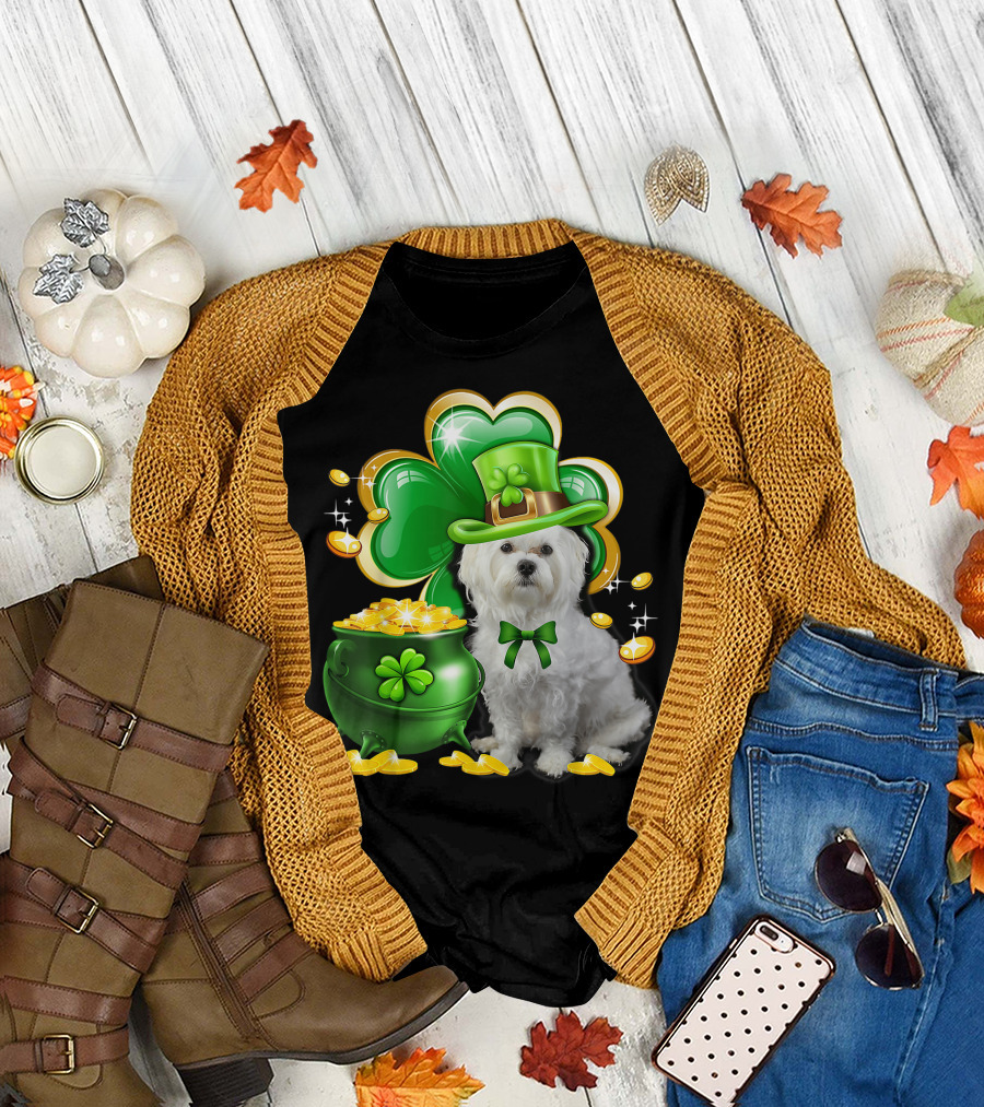 Maltese Dog Shamrock St Patricks Day Irish Pot of Gold Leprechaun Hat T-Shirt